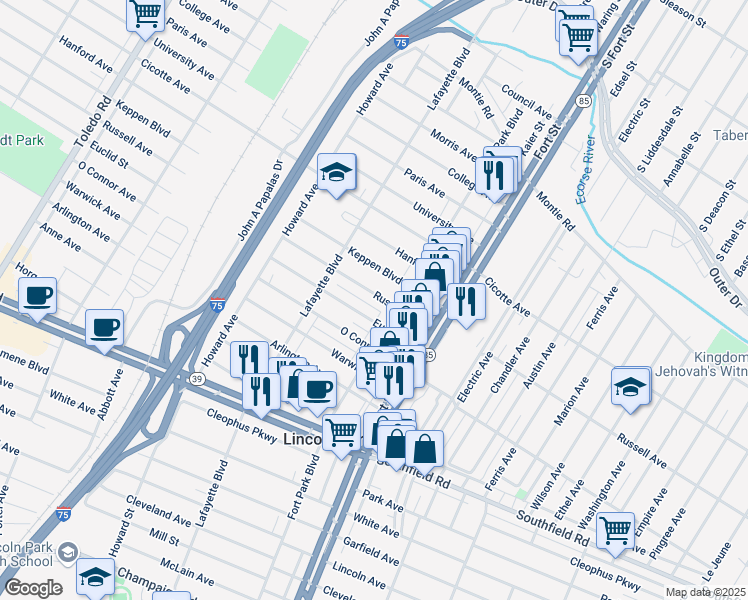 map of restaurants, bars, coffee shops, grocery stores, and more near 1389 Russell Avenue in Lincoln Park