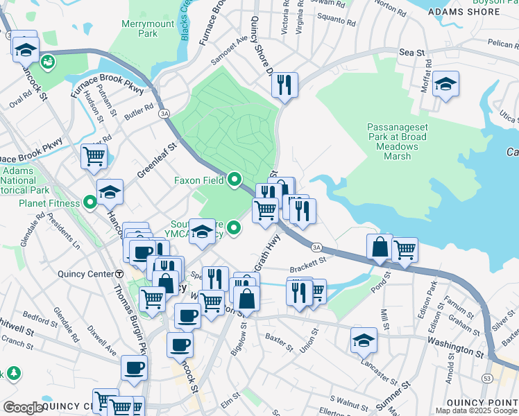 map of restaurants, bars, coffee shops, grocery stores, and more near 447 Southern Artery in Quincy