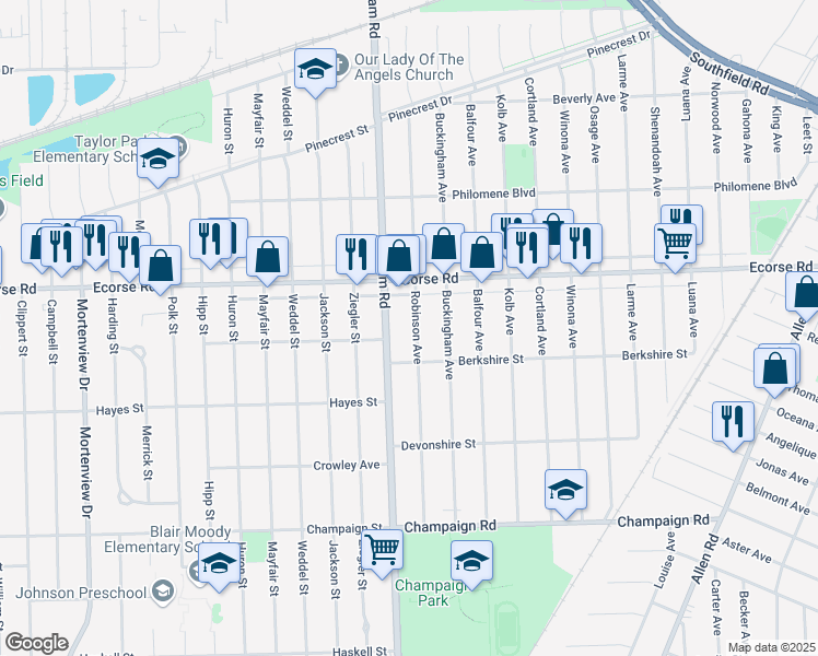 map of restaurants, bars, coffee shops, grocery stores, and more near 190 Robinson Avenue in Allen Park