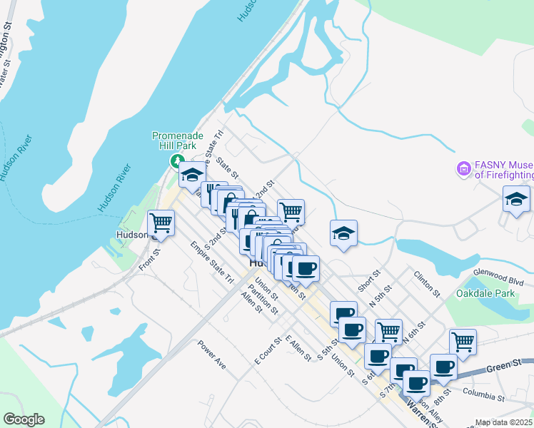 map of restaurants, bars, coffee shops, grocery stores, and more near 221-223 State St in Hudson
