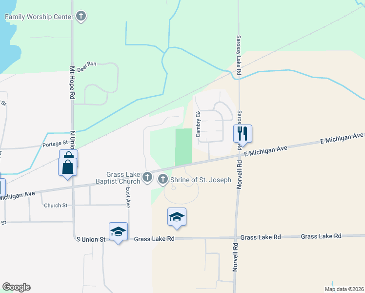 map of restaurants, bars, coffee shops, grocery stores, and more near 1218 Heather Court in Grass Lake