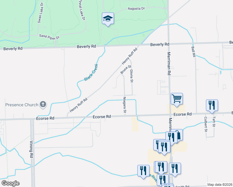 map of restaurants, bars, coffee shops, grocery stores, and more near 32130 Newcastle Street in Romulus