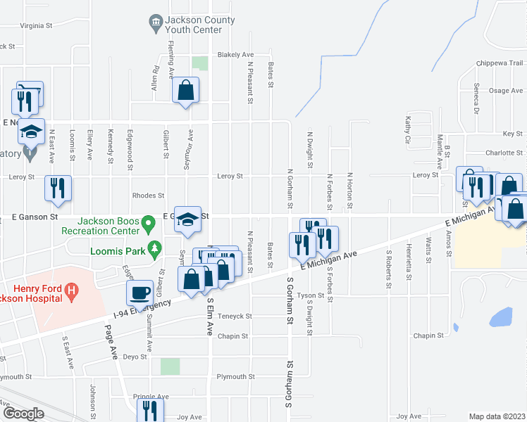 map of restaurants, bars, coffee shops, grocery stores, and more near 1810 East Ganson Street in Jackson