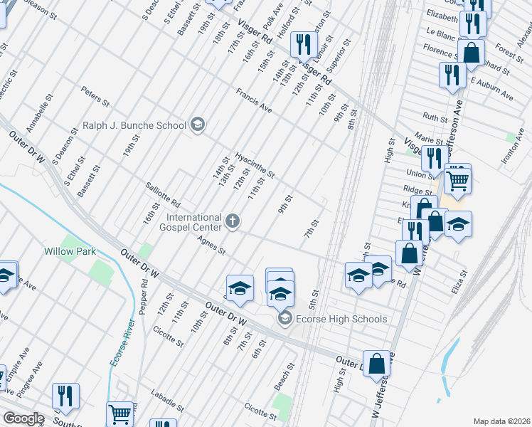 map of restaurants, bars, coffee shops, grocery stores, and more near 3983 10th Street in Ecorse