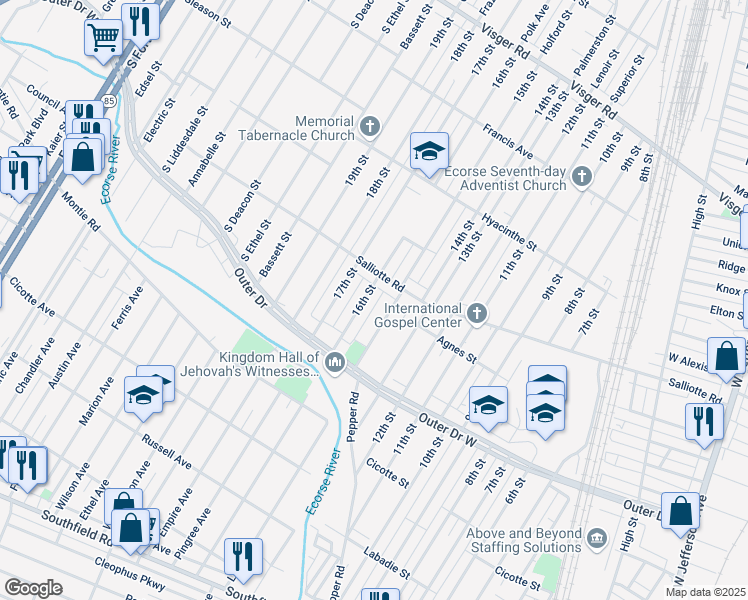 map of restaurants, bars, coffee shops, grocery stores, and more near 4108 15th Street in Ecorse