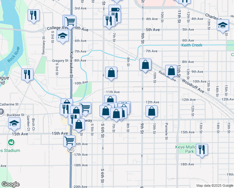 map of restaurants, bars, coffee shops, grocery stores, and more near 1204 7th Street in Rockford