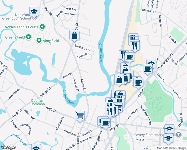 map of restaurants, bars, coffee shops, grocery stores, and more near 47 Clough Road in Dedham