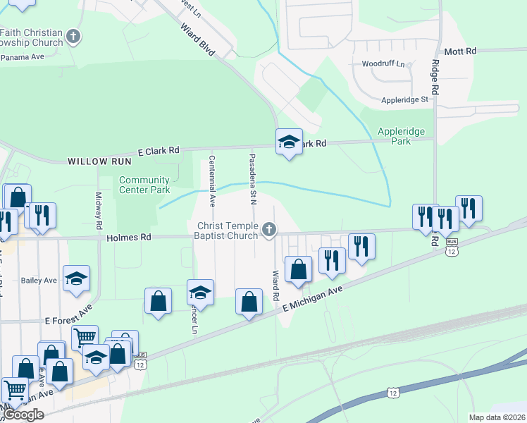 map of restaurants, bars, coffee shops, grocery stores, and more near 1011 Pasadena Street North in Ypsilanti