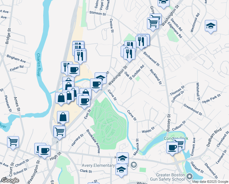 map of restaurants, bars, coffee shops, grocery stores, and more near 1 Columbia Terrace in Dedham