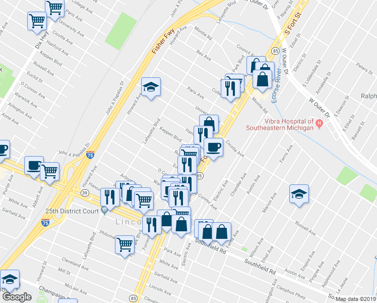 map of restaurants, bars, coffee shops, grocery stores, and more near 1465 Fort Park Boulevard in Lincoln Park