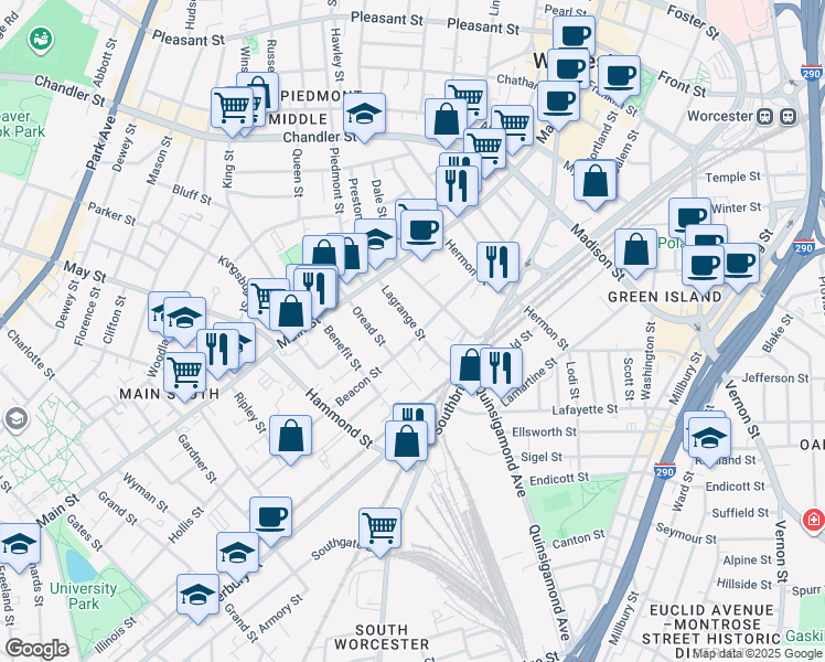 map of restaurants, bars, coffee shops, grocery stores, and more near 24 Lagrange Street in Worcester