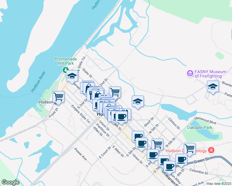 map of restaurants, bars, coffee shops, grocery stores, and more near 247 Robinson St in Hudson