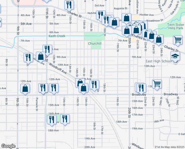 map of restaurants, bars, coffee shops, grocery stores, and more near 1210 16th Street in Rockford