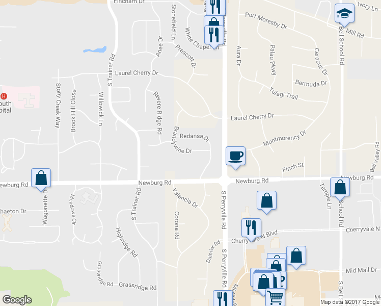 map of restaurants, bars, coffee shops, grocery stores, and more near 1421 Brandywine Drive in Rockford