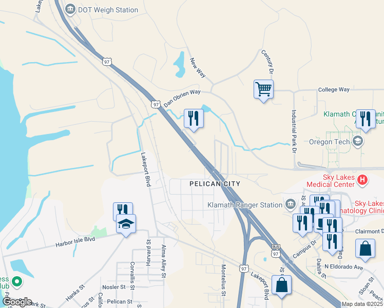 map of restaurants, bars, coffee shops, grocery stores, and more near 3730 U.S. 97 in Klamath Falls