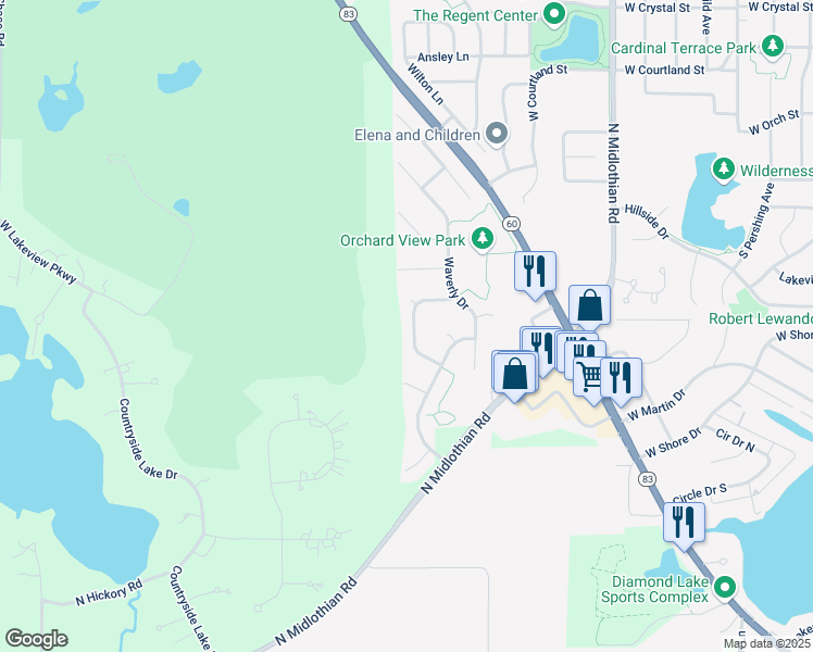 map of restaurants, bars, coffee shops, grocery stores, and more near 594 Yardley Trail in Mundelein
