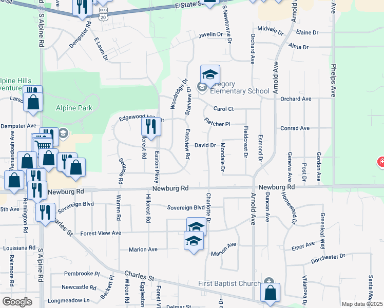map of restaurants, bars, coffee shops, grocery stores, and more near 1210 Eastview Road in Rockford