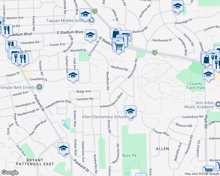 map of restaurants, bars, coffee shops, grocery stores, and more near 2222 Needham Road in Ann Arbor
