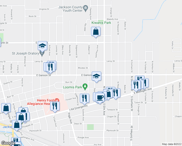 map of restaurants, bars, coffee shops, grocery stores, and more near 1406 East Ganson Street in Jackson
