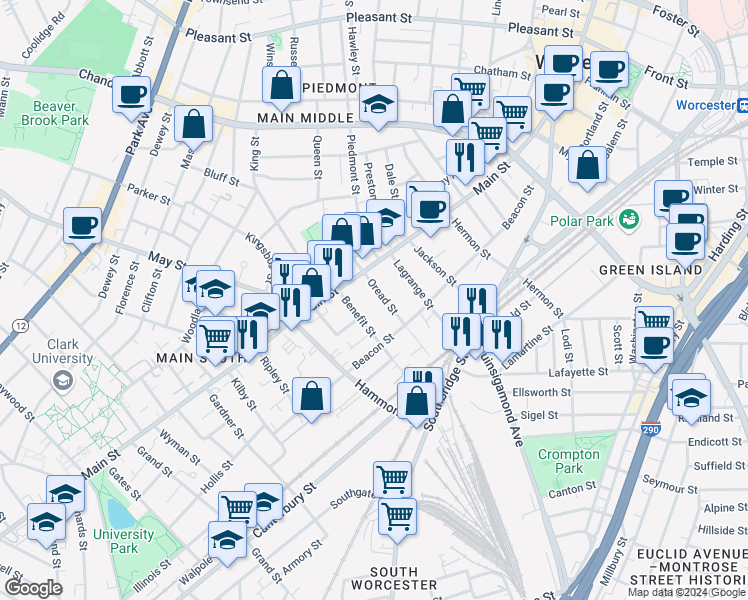 map of restaurants, bars, coffee shops, grocery stores, and more near 16 Oread Street in Worcester