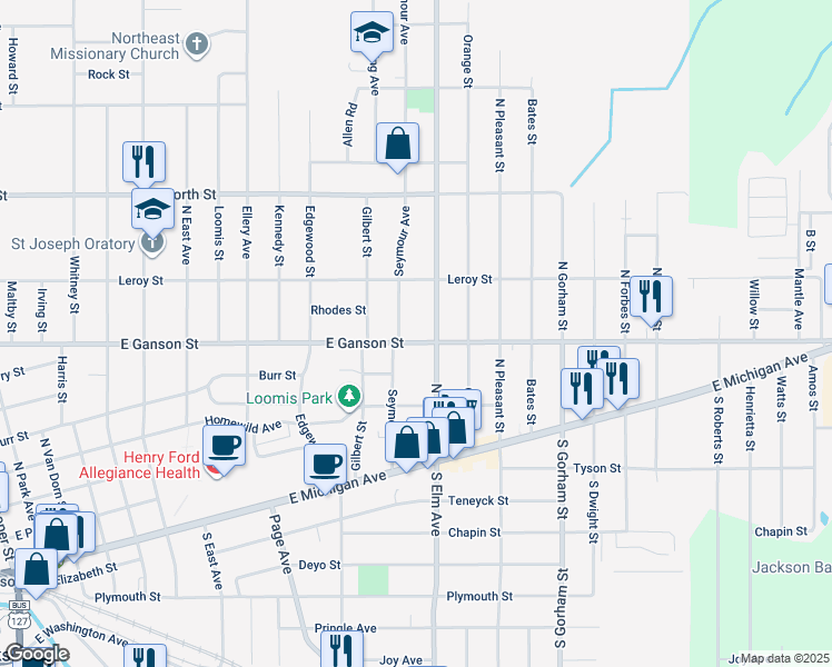 map of restaurants, bars, coffee shops, grocery stores, and more near 1508 East Ganson Street in Jackson