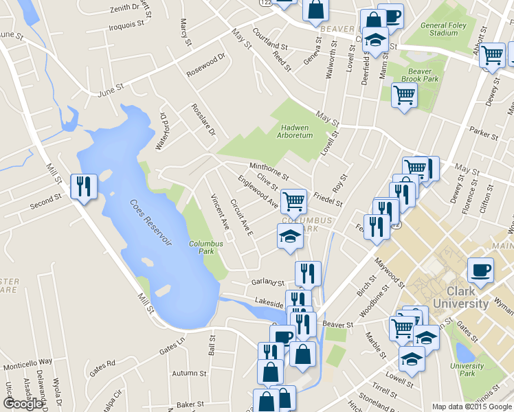 map of restaurants, bars, coffee shops, grocery stores, and more near 5 Lisbon Street in Worcester