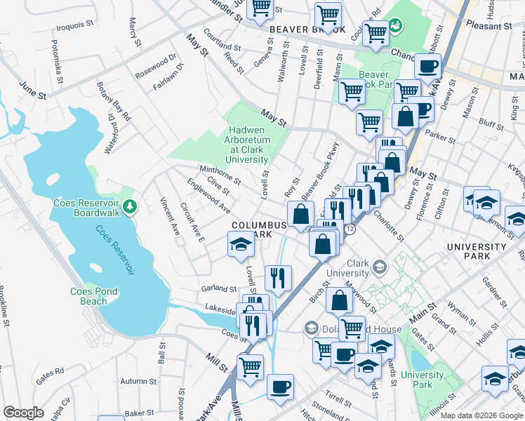 map of restaurants, bars, coffee shops, grocery stores, and more near 138 Lovell Street in Worcester