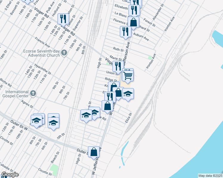 map of restaurants, bars, coffee shops, grocery stores, and more near 13 Knox St in Ecorse