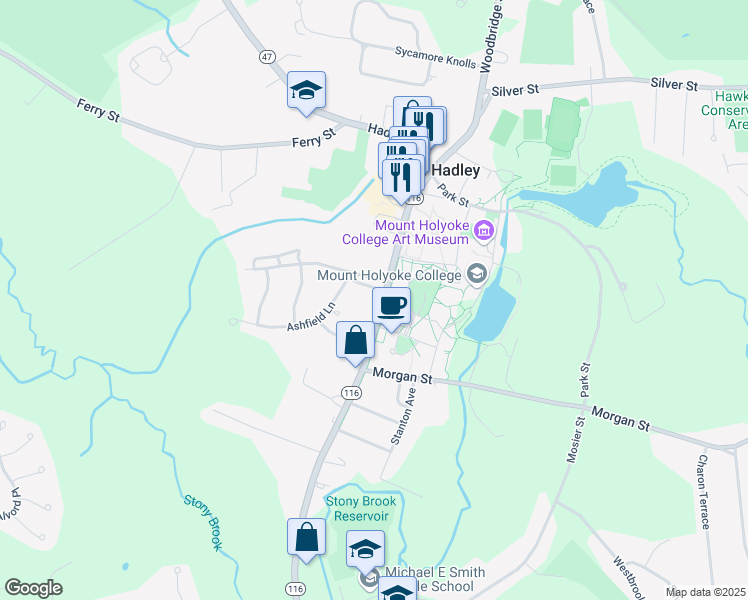 map of restaurants, bars, coffee shops, grocery stores, and more near 61 College Street in South Hadley
