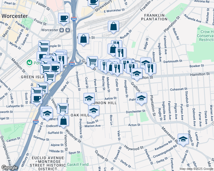 map of restaurants, bars, coffee shops, grocery stores, and more near 14 Mendon Street in Worcester
