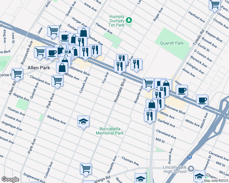 map of restaurants, bars, coffee shops, grocery stores, and more near 4832 White Avenue in Allen Park