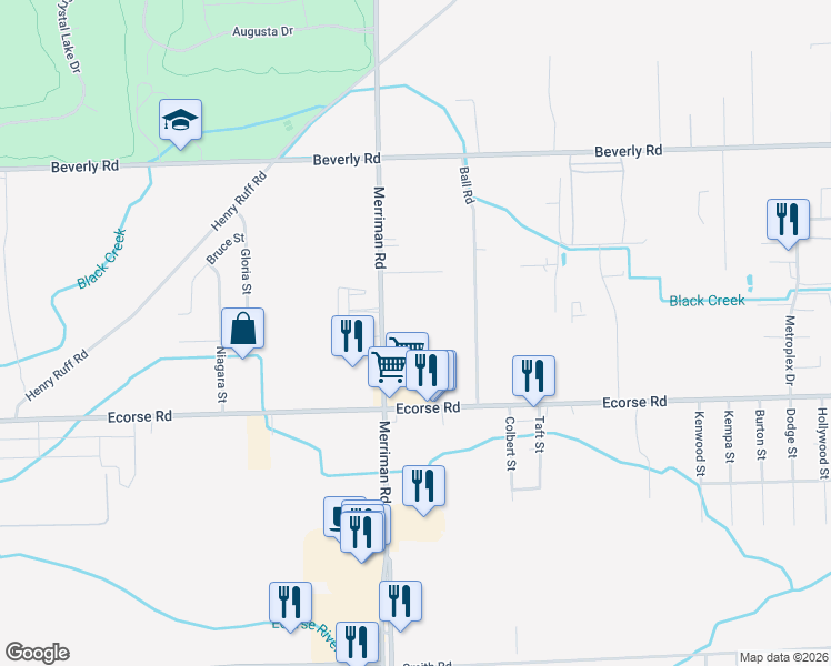 map of restaurants, bars, coffee shops, grocery stores, and more near 6785 Merriman Road in Romulus