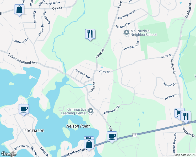 map of restaurants, bars, coffee shops, grocery stores, and more near 499 Lake Street in Shrewsbury