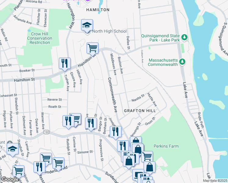 map of restaurants, bars, coffee shops, grocery stores, and more near 69 Commonwealth Avenue in Worcester