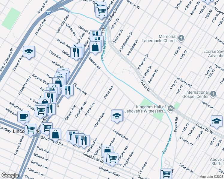 map of restaurants, bars, coffee shops, grocery stores, and more near 1233 Ferris Avenue in Lincoln Park