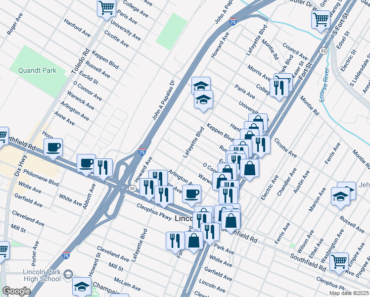 map of restaurants, bars, coffee shops, grocery stores, and more near 1576 Lafayette Boulevard in Lincoln Park