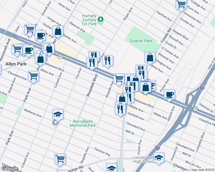 map of restaurants, bars, coffee shops, grocery stores, and more near 2216 Philomene Blvd in Lincoln Park