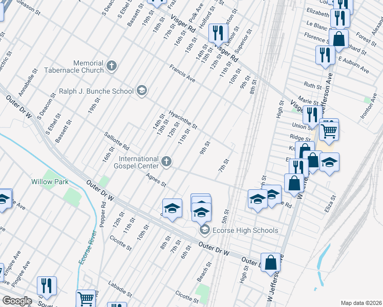 map of restaurants, bars, coffee shops, grocery stores, and more near 3983 10th Street in Ecorse