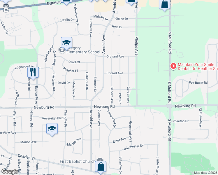 map of restaurants, bars, coffee shops, grocery stores, and more near 1331 Geneva Avenue in Rockford