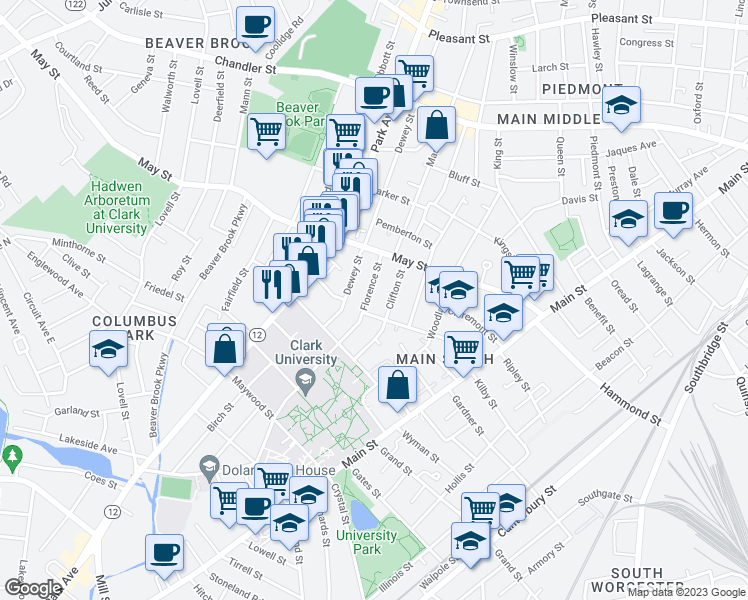 map of restaurants, bars, coffee shops, grocery stores, and more near 21 Florence Street in Worcester