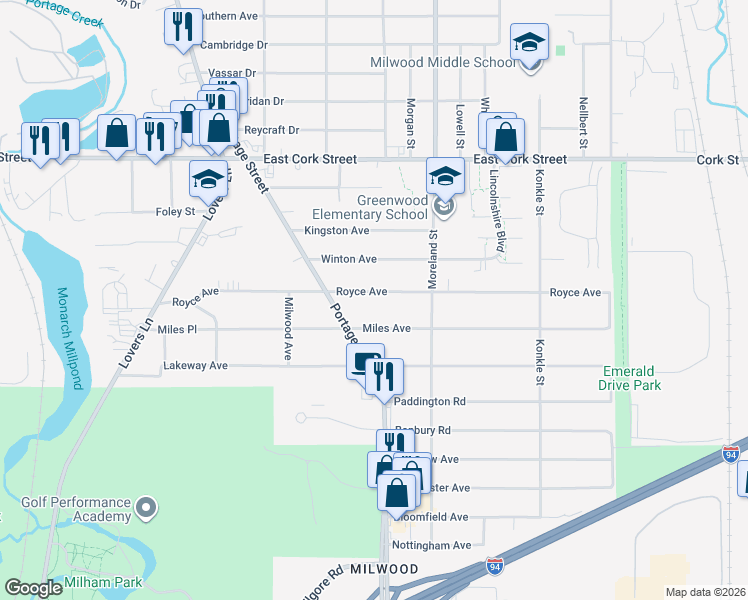 map of restaurants, bars, coffee shops, grocery stores, and more near 1610 Royce Avenue in Kalamazoo