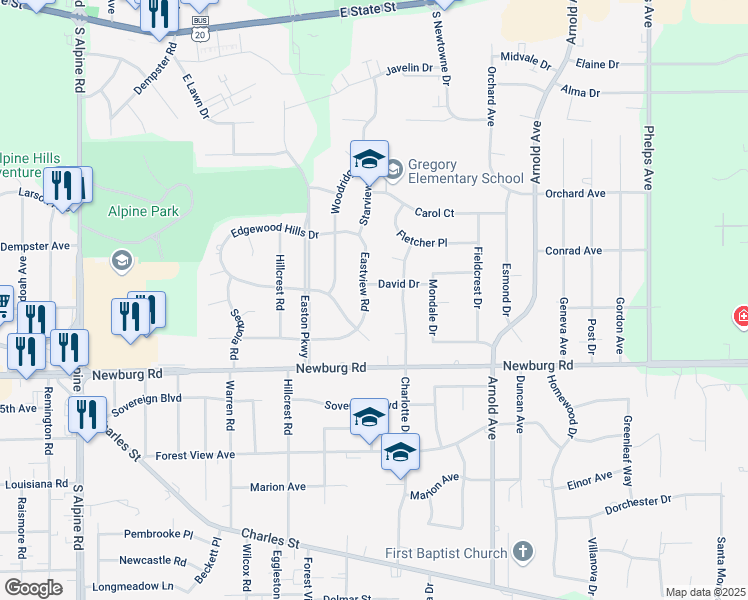 map of restaurants, bars, coffee shops, grocery stores, and more near 1210 Eastview Road in Rockford