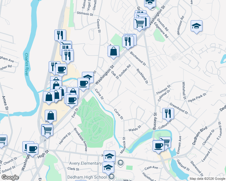 map of restaurants, bars, coffee shops, grocery stores, and more near 100 Schiller Road in Dedham
