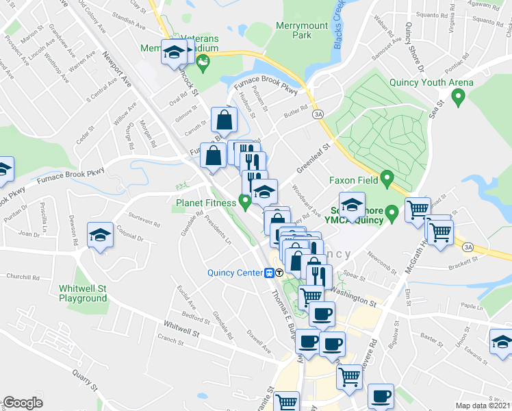 map of restaurants, bars, coffee shops, grocery stores, and more near 1089 Hancock Street in Quincy