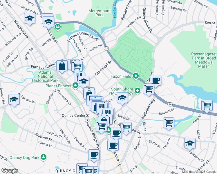 map of restaurants, bars, coffee shops, grocery stores, and more near 10 Edgewood Circle in Quincy