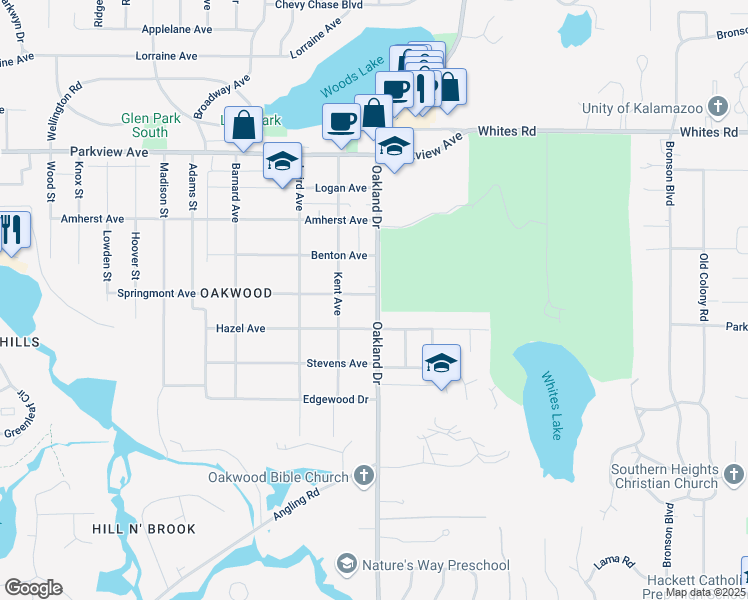 map of restaurants, bars, coffee shops, grocery stores, and more near 3716 Oakland Drive in Kalamazoo