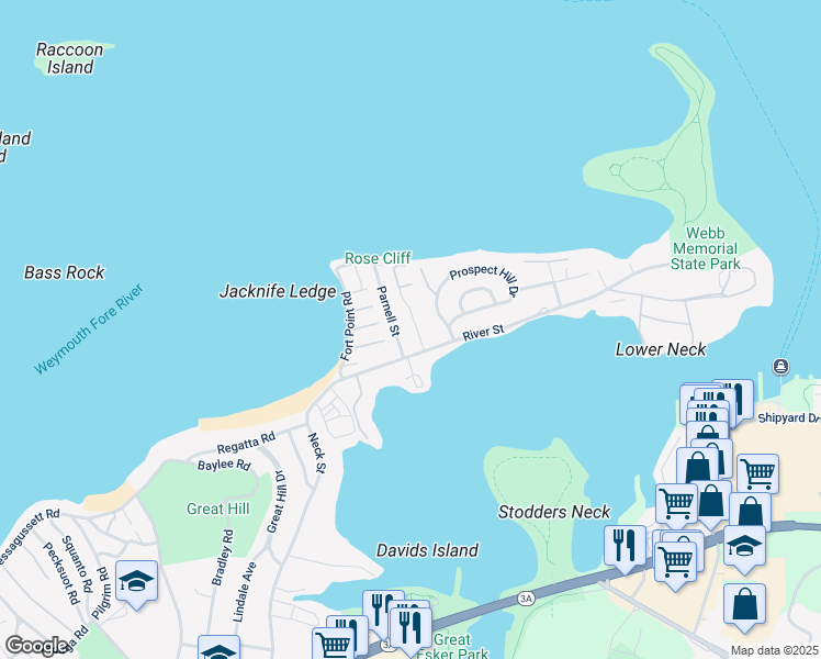 map of restaurants, bars, coffee shops, grocery stores, and more near 20 Parnell Street in Weymouth
