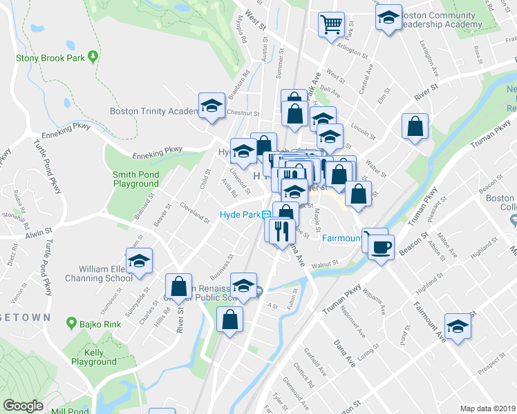 map of restaurants, bars, coffee shops, grocery stores, and more near in Boston