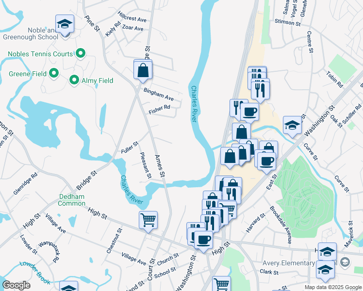 map of restaurants, bars, coffee shops, grocery stores, and more near 47 Clough Road in Dedham