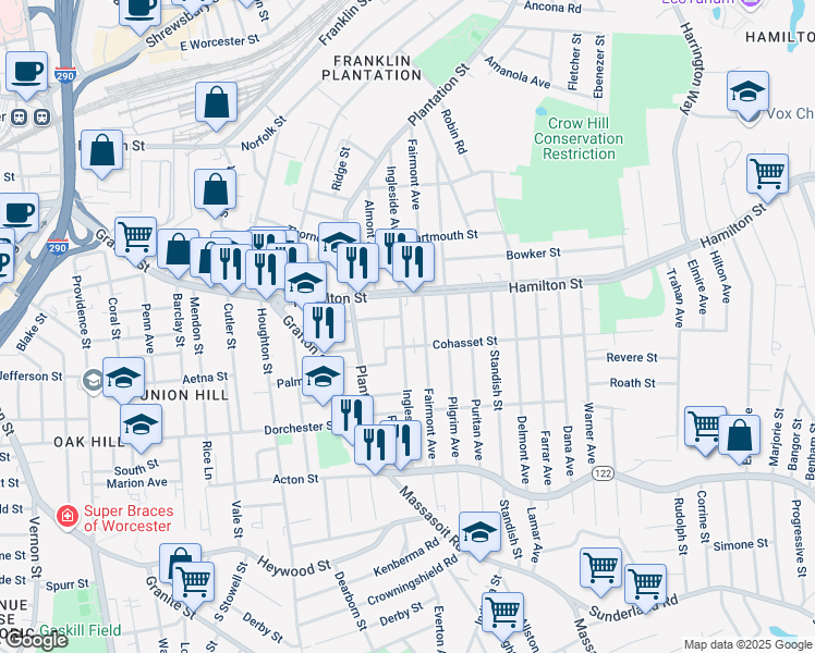 map of restaurants, bars, coffee shops, grocery stores, and more near 146 Fairmont Avenue in Worcester